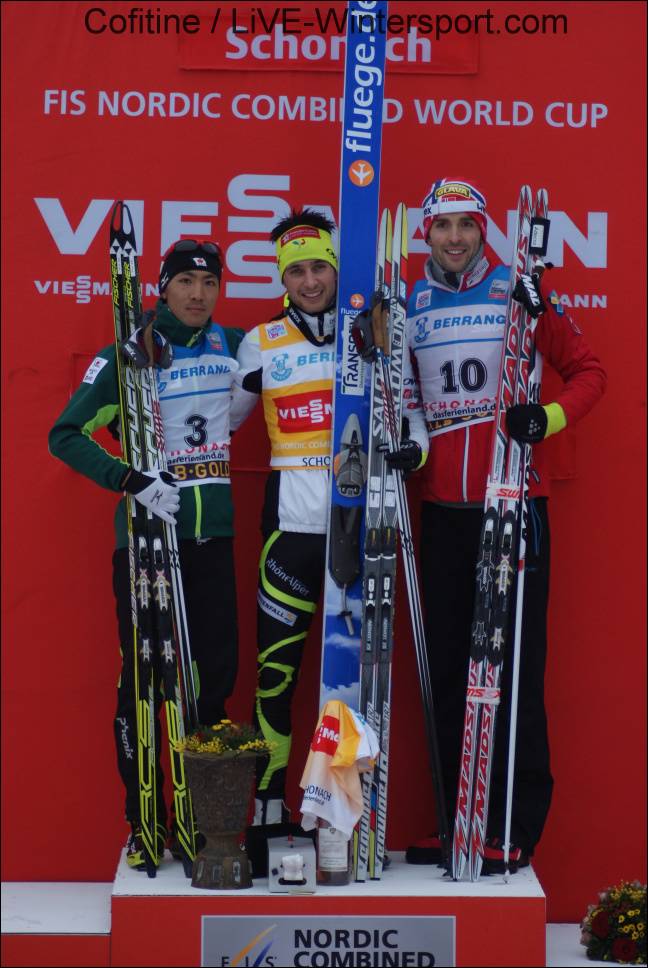 Akito Watabe, Jason Lamy-Chappuis und Magnus Moan lassen sich feiern